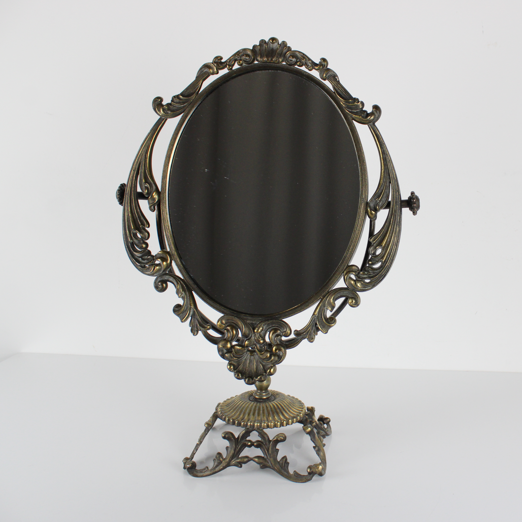 Grande Specchio da Tavolo Stile Vittoriano in Ottone Vintage Psiche