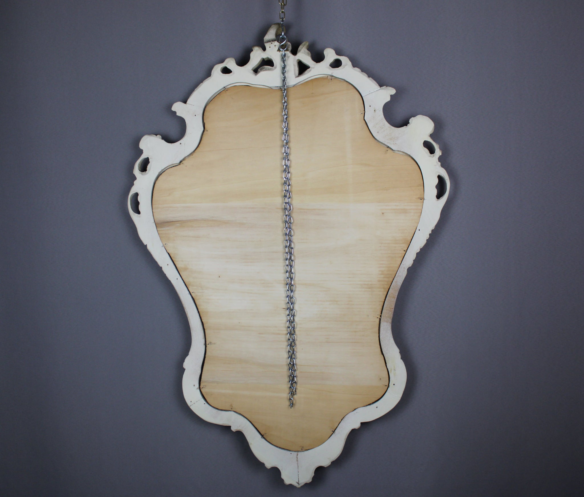 Specchio Vintage con Cornice in Legno Bianco Panna Intarsiata D'Epoca